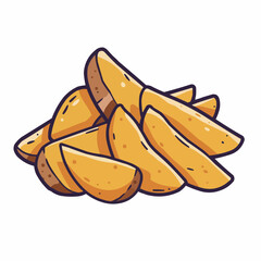 Cartoon golden potato wedges, arranged on white background, tasty snack