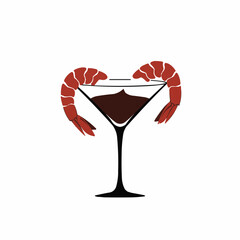 Shrimp cocktail. Two shrimp on the rim of glass with sauce. Red & Black