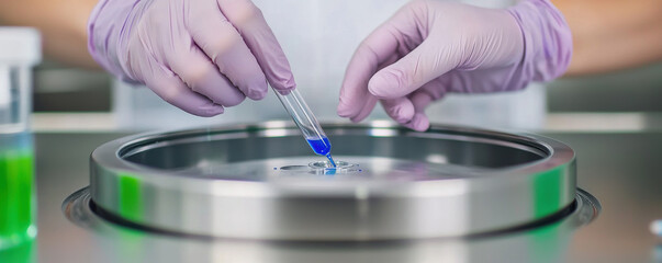 Scientist hands in gloves inserting sample into centrifuge machine in laboratory setting