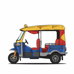 Cartoon close-up of yellow vehicle with red decor; windshield and awning are visible