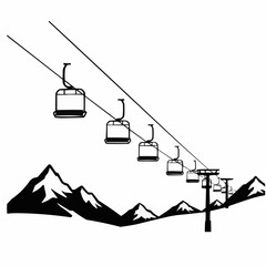 A simple monochrome image showing ski-lift chairs suspended along the upward slanting cables