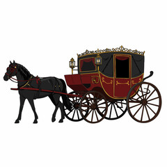 Illustration of a black horse pulling an ornate maroon and gold carriage with lanterns