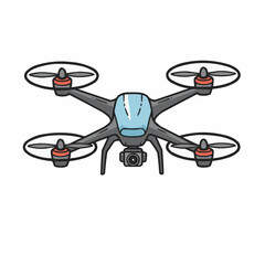 Cartoon drone illustration, gray body with a blue top and red propeller caps on white