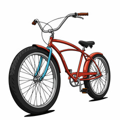 A detailed drawing of a red bicycle with silver handlebars & a large black tire