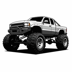 Stylized vector art of a lifted white pickup truck with mud tires and front bumper