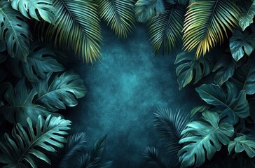 Tropical leaves frame, teal background, nature backdrop, design element