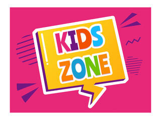 Kids zone sign with colorful letters on pink background with geometric shapes creating a playful and inviting atmosphere for children's area