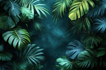 Lush Tropical Leaves Frame, Dark Background, Nature, Design
