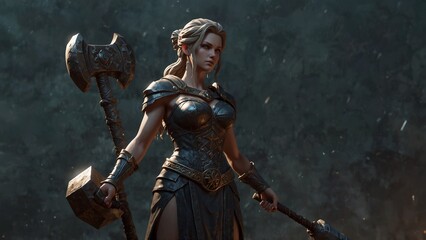 A statue of Ofretia, raising a heavy hammer to strike the unseen anvil of fate