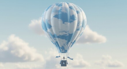 Cloud pattern hot air balloon, soft blue and white tones, realistic shading