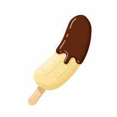 A frozen treat is dipped in chocolate. On a stick, sweet and cold indulgence