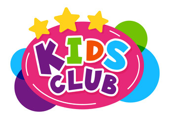 Kids club logo is composed of playful colorful letters and three gold stars on a pink oval decorated with overlapping colorful circles promoting children's activities and entertainment