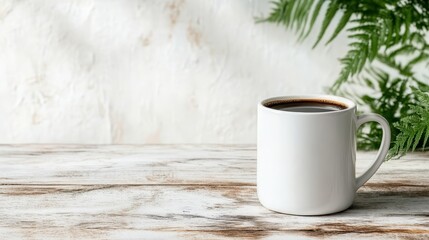 A beautiful white coffee mug filled with coffee sits on a rustic wooden tabletop, surrounded by soft greenery for a natural, calming ambience in the image.