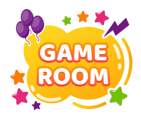 Colorful game room sign featuring vibrant balloons and stars, celebrating fun and entertainment, ideal for promoting a lively play area or engaging gaming zone for families and kids