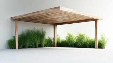 Minimalist wooden carport with lush greenery.  A modern, light-toned carport structure with a simple, square wooden roof supported by two pillars.