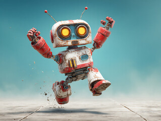 excited robot jumping with arms raised