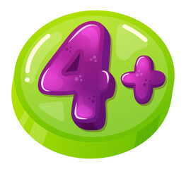 Glossy purple number four accompanied by a plus symbol rests on a vibrant green round button, signaling content appropriate for children ages four and older