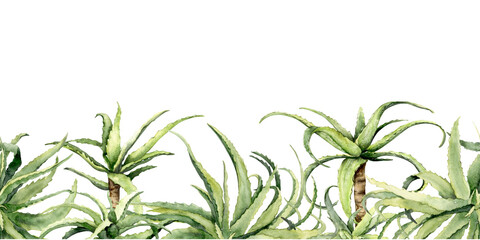 Watercolor aloe vera plants border with green tropical succulents on white background