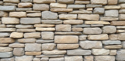 Obraz premium A tightly stacked stone wall with various sizes and shades of beige and gray stones.