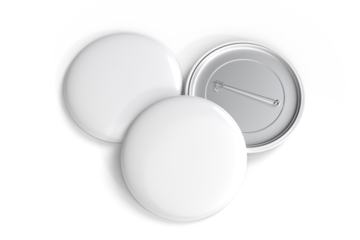 Blank Round Pin Badges Mockup Template isolated on background. Plastic empty white button badge with metal for branding souvenir magnet, brooch pin, emblem, merchandise, volunteer label. 3D rendering