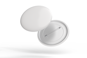 Blank Round Pin Badges Mockup Template isolated on background. Plastic empty white button badge with metal for branding souvenir magnet, brooch pin, emblem, merchandise, volunteer label. 3D rendering