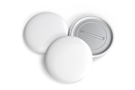 Blank Round Pin Badges Mockup Template isolated on background. Plastic empty white button badge with metal for branding souvenir magnet, brooch pin, emblem, merchandise, volunteer label. 3D rendering