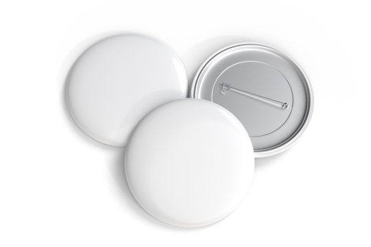 Blank Round Pin Badges Mockup Template isolated on background. Plastic empty white button badge with metal for branding souvenir magnet, brooch pin, emblem, merchandise, volunteer label. 3D rendering