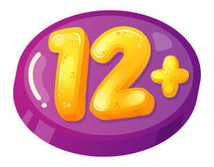 Cartoonish glossy purple and yellow twelve plus icon representing age restriction for audience over twelve years of age, suitable for parental advisory stickers or online content warnings