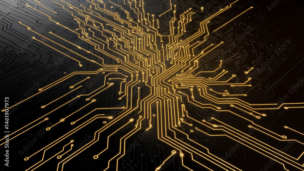 Fototapete abstract image of gold circuit board, showcasing intricate electronic pathways on dark background, s
