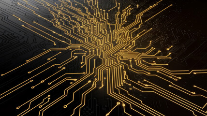 Abstract image of gold circuit board, showcasing intricate electronic pathways on dark background, symbolizing technology, innovation, and connection
