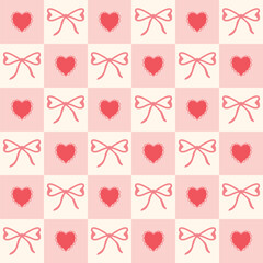 checkered pink coquette bows and hearts seamless pattern. for prints, wrapping paper, wallpaper, textile, stationary, fabric