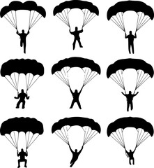 Silhouettes of Skydivers in Various Parachute Positions