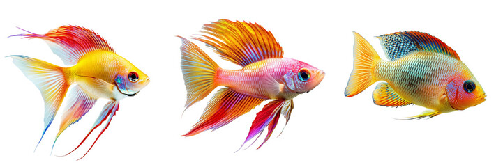 Fototapeta premium A set of multicolored tropical fish swimming gracefully in aquariums. Isolated on transparent Background