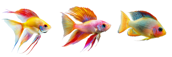 A set of multicolored tropical fish swimming gracefully in aquariums. Isolated on transparent Background