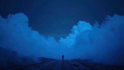 Fototapeta premium Blue smoky night scene, ground level, dark sky, background for design