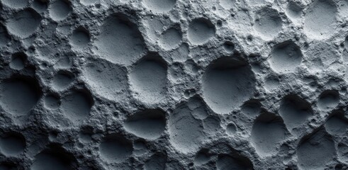 Rough surface with numerous craters and pits, resembling the texture of the moon or an asteroid under dramatic lighting.