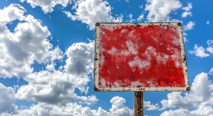 Empty red sign against a partly cloudy sky