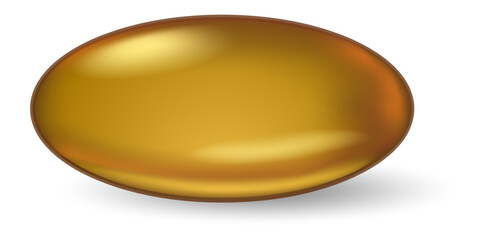 Shiny golden oval capsule of fish oil casting a distinct shadow on a clean white background, symbolizing health, nutrition, and overall wellness in dietary supplementation