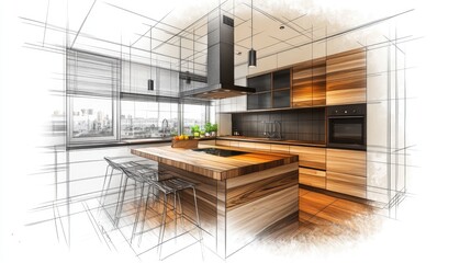 Modern kitchen design overlaid with architectural sketch.