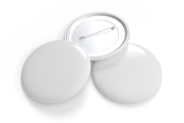 Blank Round Pin Badges Mockup Template isolated on background. Plastic empty white button badge with metal for branding souvenir magnet, brooch pin, emblem, merchandise, volunteer label. 3D rendering
