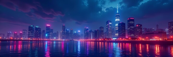 Vibrant cyberpunk city skyline at night with neon lights reflecting on water, cityscape, neon, night