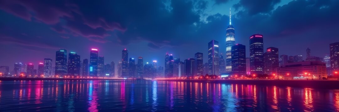Fototapeta Vibrant cyberpunk city skyline at night with neon lights reflecting on water, cityscape, neon, night