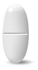 White oblong pill standing upright on a pristine white background, casting a subtle shadow, symbolizing medicine, healthcare, pharmaceuticals, and effective treatment options