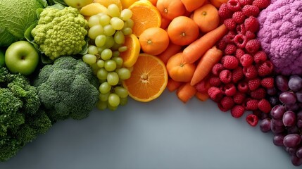 A vibrant array of fresh fruits and vegetables showcases a variety of colors and textures, promoting healthy eating. Green broccoli, purple cauliflower, and juicy oranges are featured
