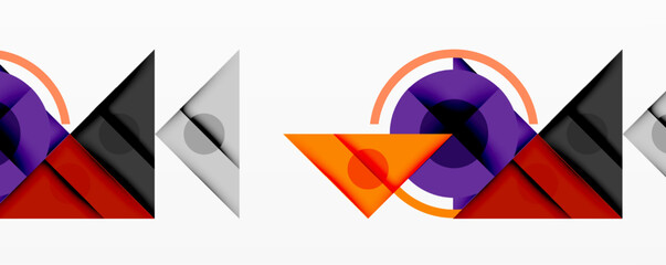 Abstract geometric patterns repeat. Shapes include triangles, circles, squares. Colors present are purple, orange, gray, black. Minimalist design.