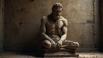 A statue of Ksaeos, his body transforming into the crumbling corner of a forgotten temple