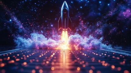 A futuristic rocket launching into space, surrounded by colorful cosmic clouds and vibrant lights.