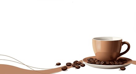 Fototapeta premium Coffee cup with coffee beans on a soft brown background - For a coffee shop 