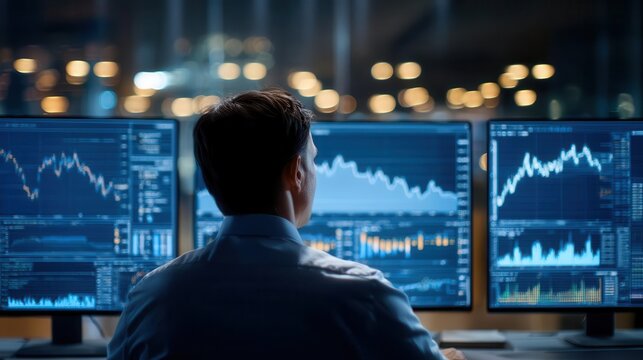 Business analyst monitoring real time financial data on multiple screens