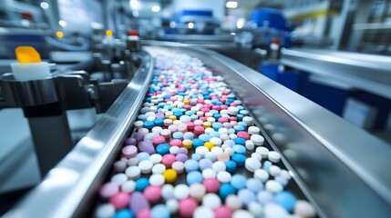 Obraz premium Colorful pills moving on an industrial conveyor belt.